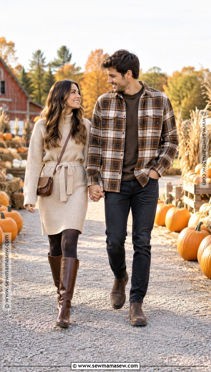 Sweater Dress And Flannel Couple Outfit - 25 pumpkin patch outfit ideas for couples