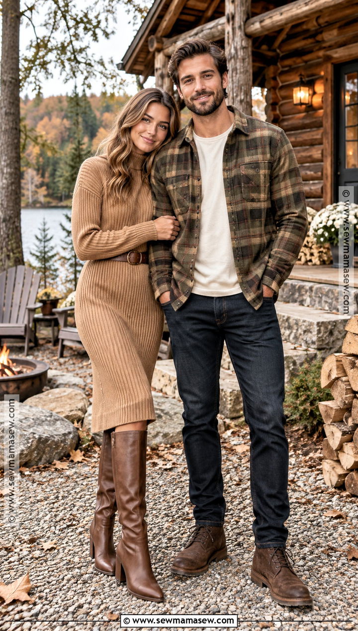 Sweater Dress And Flannel Shirt Fall Couples Photo Outfit - 20 Fall Outfits Couples Photo Ideas