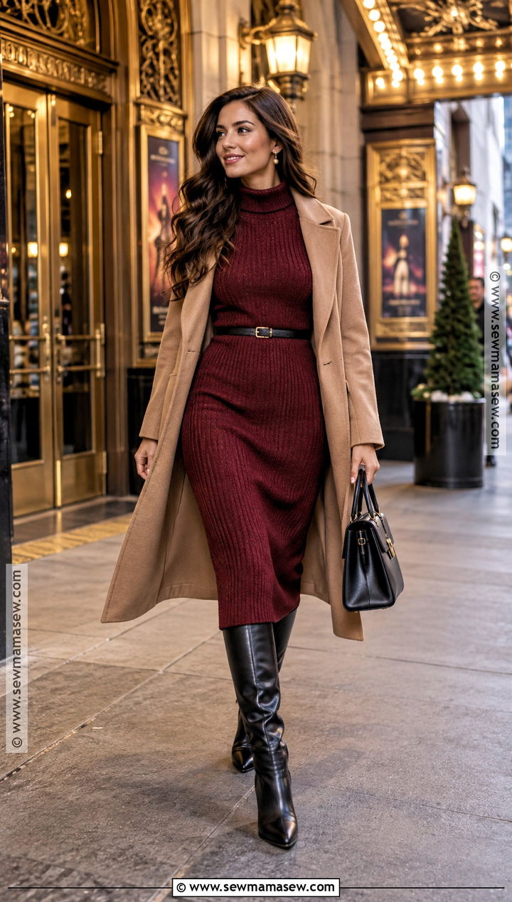 Sweater Dress And Knee High Boots Broadway Outfit - 20 Broadway Show Outfit Nyc Fall Ideas