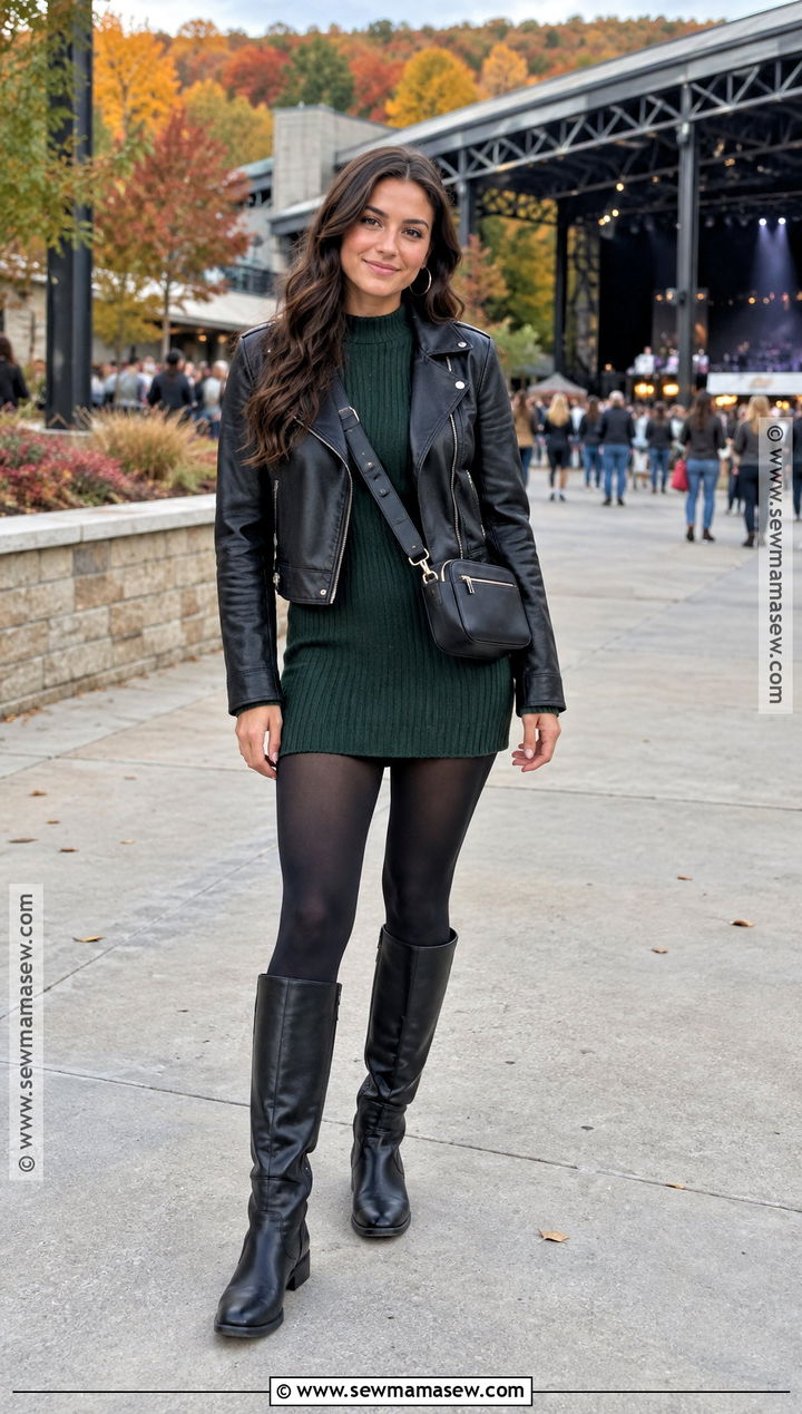 Sweater Dress And Knee High Boots Concert Outfit - 20 outdoor concert outfit fall ideas
