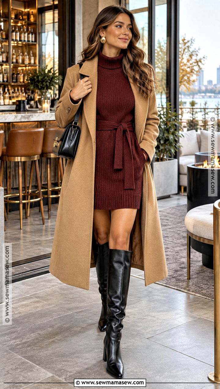Sweater Dress And Knee High Boots Fall Bar Outfit - 25 fall bar outfits