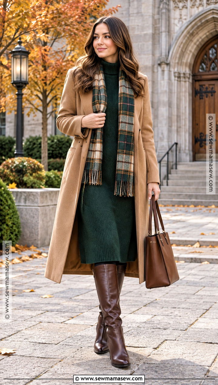 Sweater Dress And Long Coat Church Outfit - 15 Church Outfit Inspo For Fall Ideas