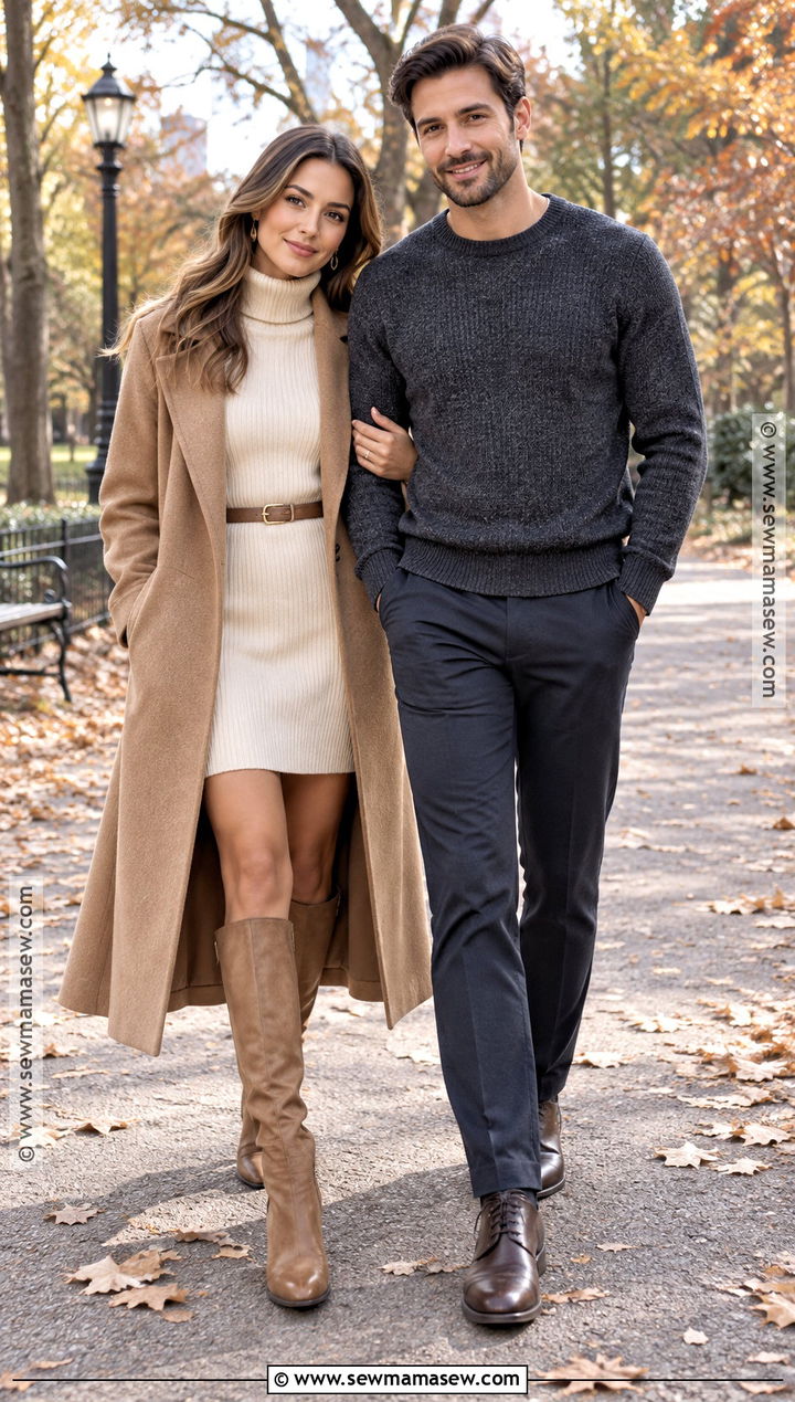 Sweater Dress And Long Coat Engagement Photo Outfit - 15 engagement photo outfit ideas fall
