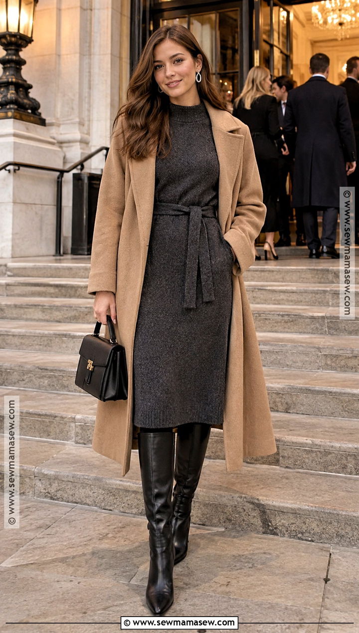 Sweater Dress And Long Coat Outfit - 20 first date outfit autumn ideas