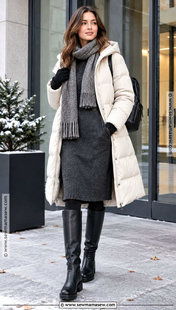 Sweater Dress And Puffer Coat Cold Autumn Outfit - 25 cold autumn outfits