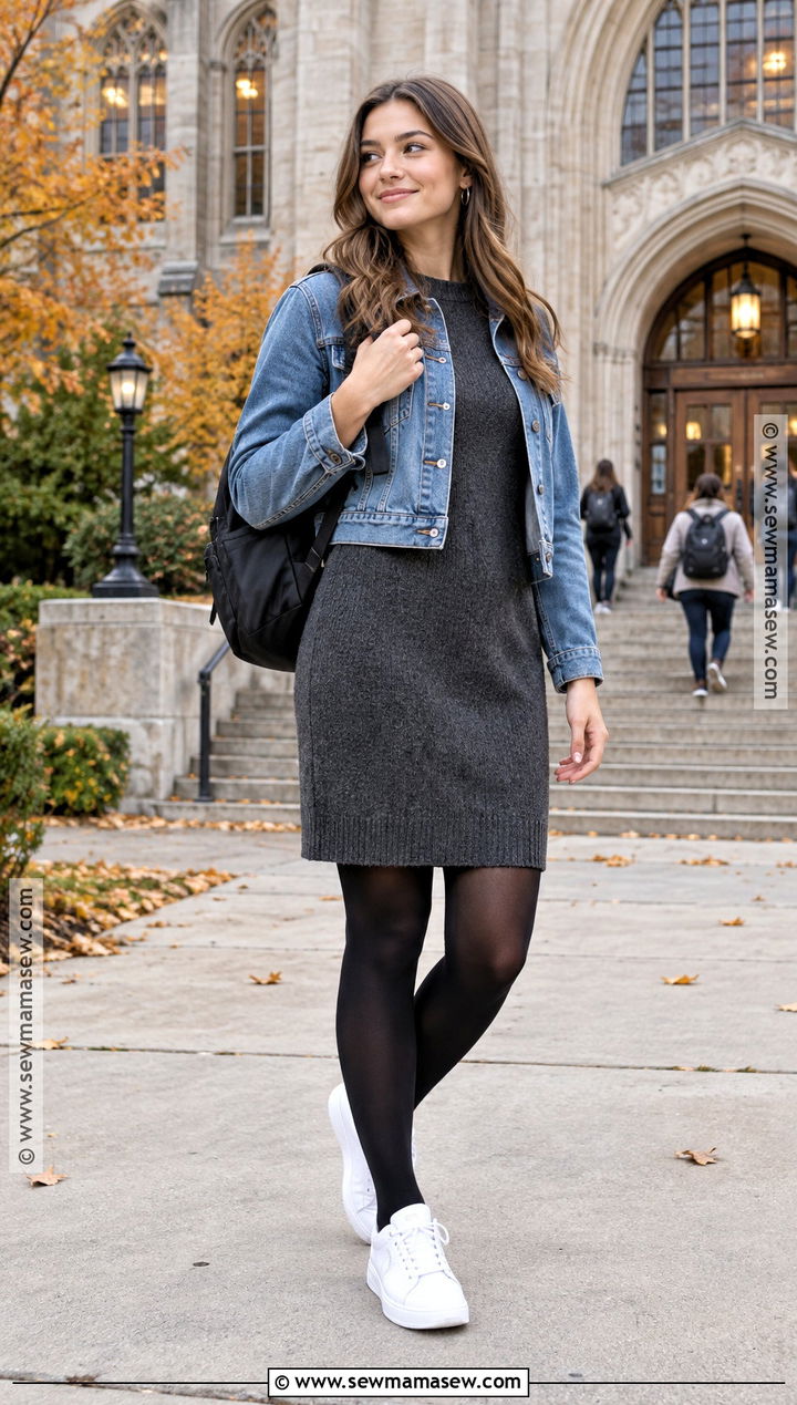 Sweater Dress And Sneakers For College - 15 college class outfits fall