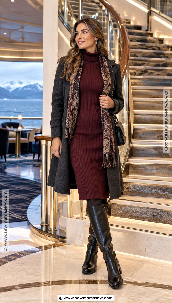 Sweater Dress And Tall Boots Alaskan Cruise Outfit - 15 Alaskan Cruise Outfits October