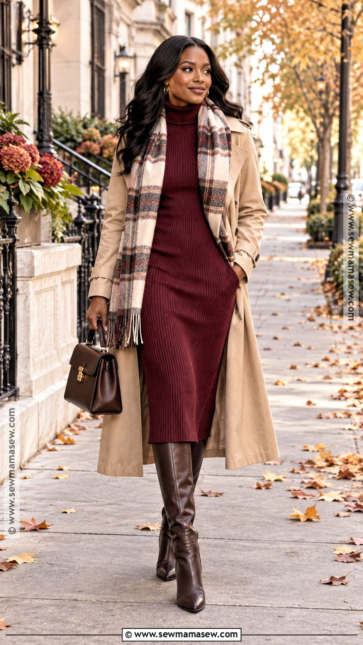Sweater Dress And Trench Coat Fall Outfit - 20 cozy fall outfits for black women