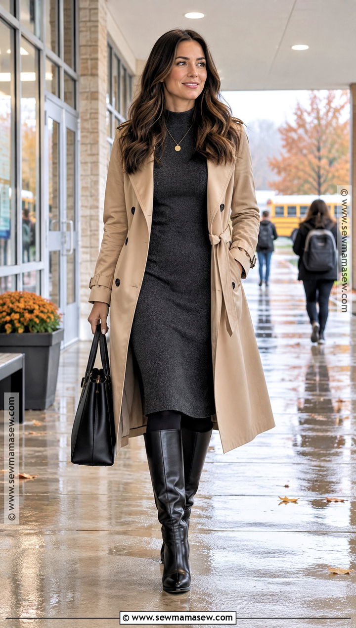 Sweater Dress And Trench Coat Teacher Outfit - 15 fall fashion ideas for teachers