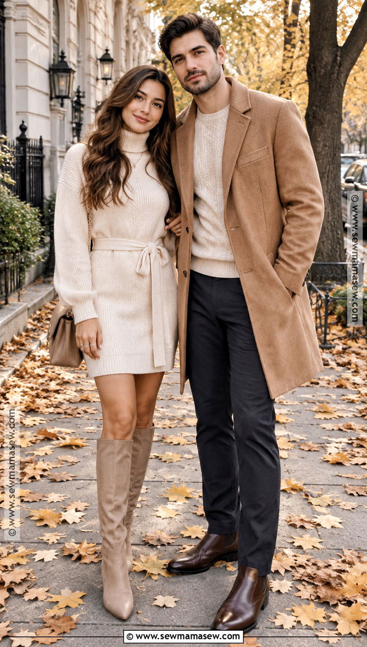 Sweater Dress And Wool Coat Couple Outfit - 20 fall couple photoshoot outfit ideas