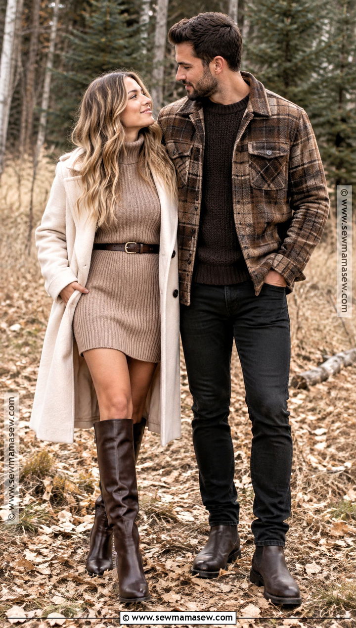 Sweater Dress And Wool Overshirt Fall Couple Outfit - 20 fall pictures for couples outfits