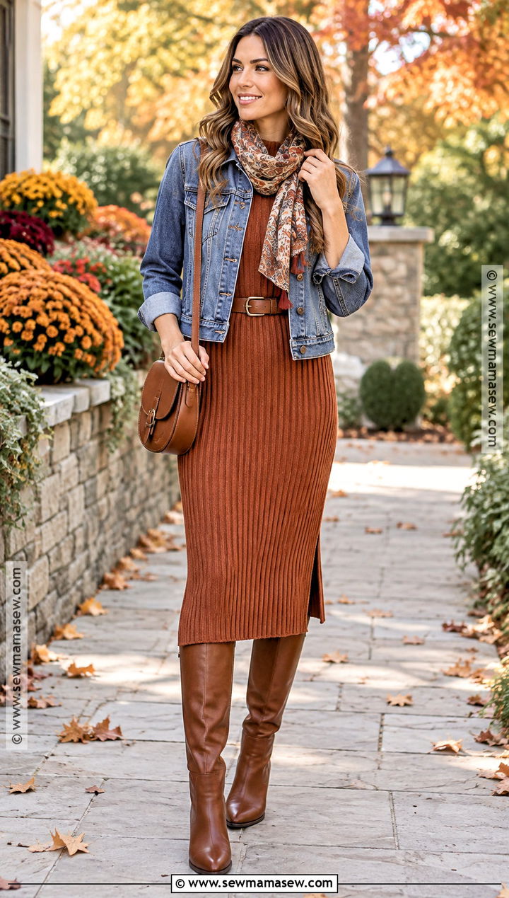 Sweater Dress Fall Outfit With Denim Jacket - 20 fall outfits layering