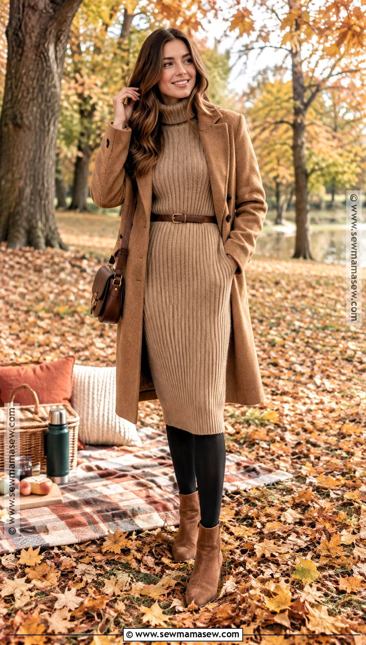 Sweater Dress Fall Picnic Outfit With Tights And Boots - 20 picnic outfit fall ideas