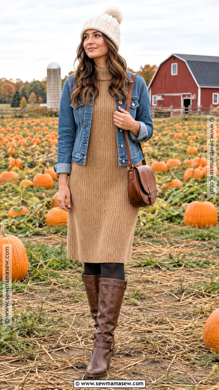 Sweater Dress Farm Outfit With Tall Boots And A Denim Jacket - 20 Fall Farm Outfits for Women
