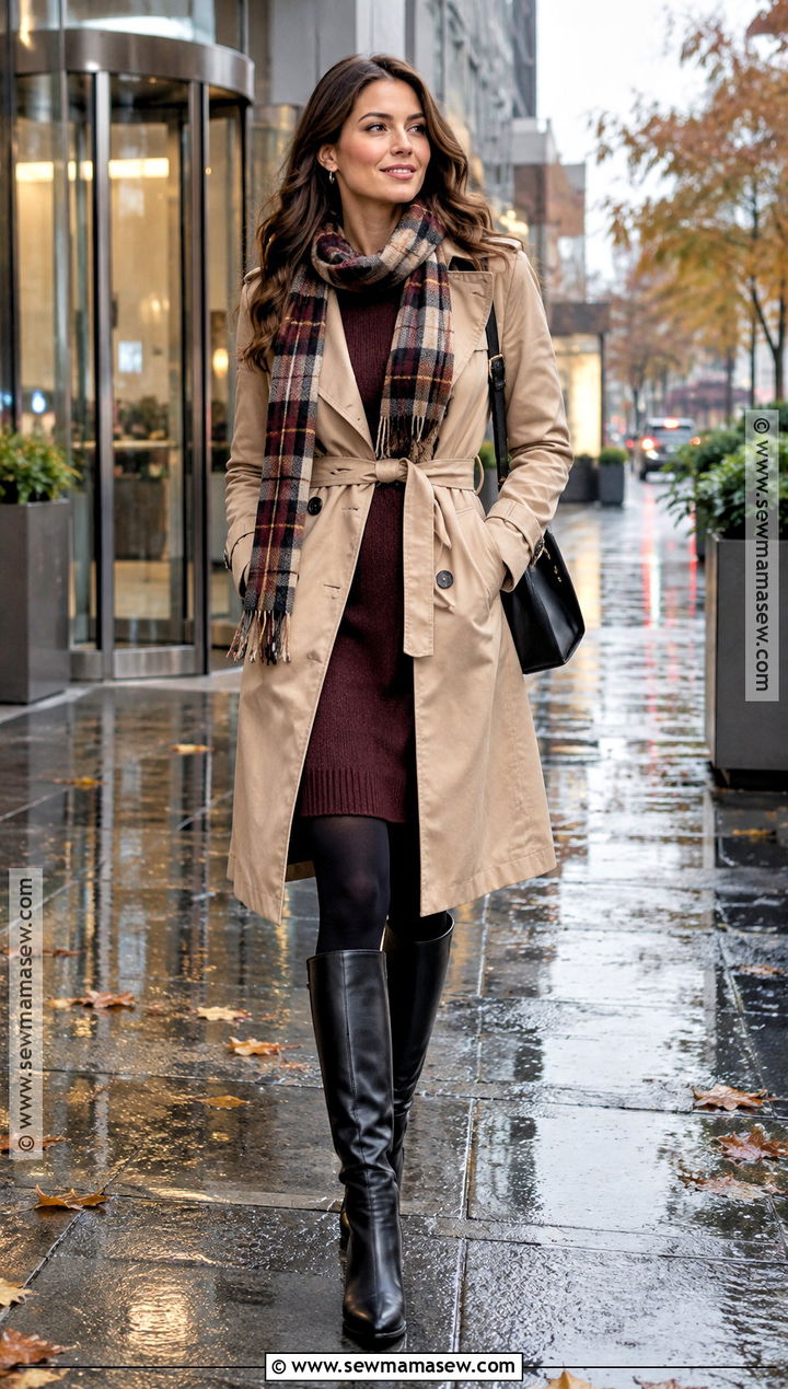 Sweater Dress Trench Coat And Knee High Boots Outfit - 25 autumn rainy day outfit ideas
