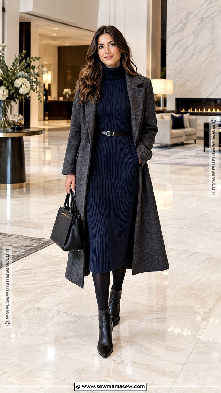 Sweater Dress With Belt And Ankle Boots - 20 capsule wardrobe fall winter ideas