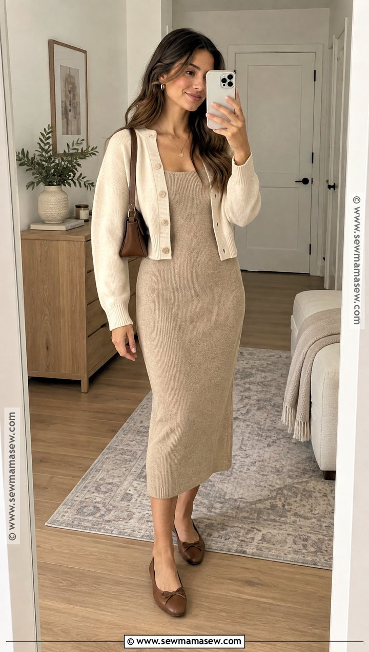Sweater Dress With Cardigan And Ballet Flats - 15 cozy fall sweater dress ideas