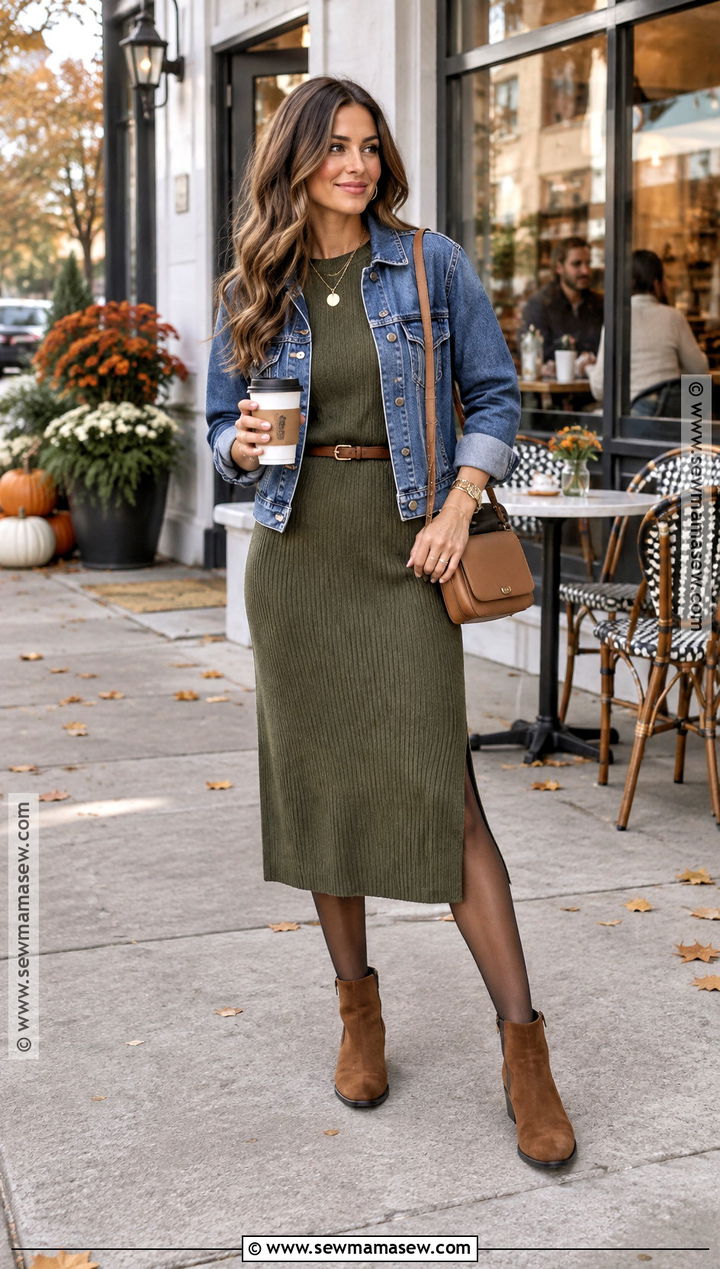 Sweater Dress With Denim Jacket And Ankle Boots - 15 comfy sunday outfit fall ideas