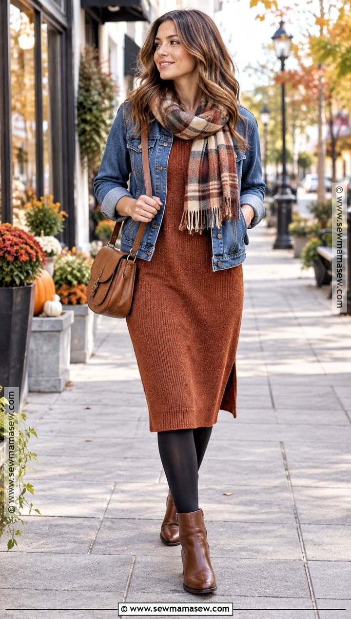Sweater Dress With Denim Jacket And Scarf - 25 autumn layering outfit ideas