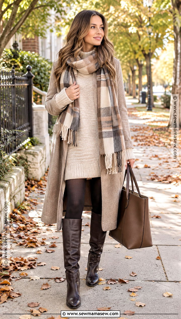 Sweater Dress With Fleece Tights And Tall Boots - 20 fall outfits tights