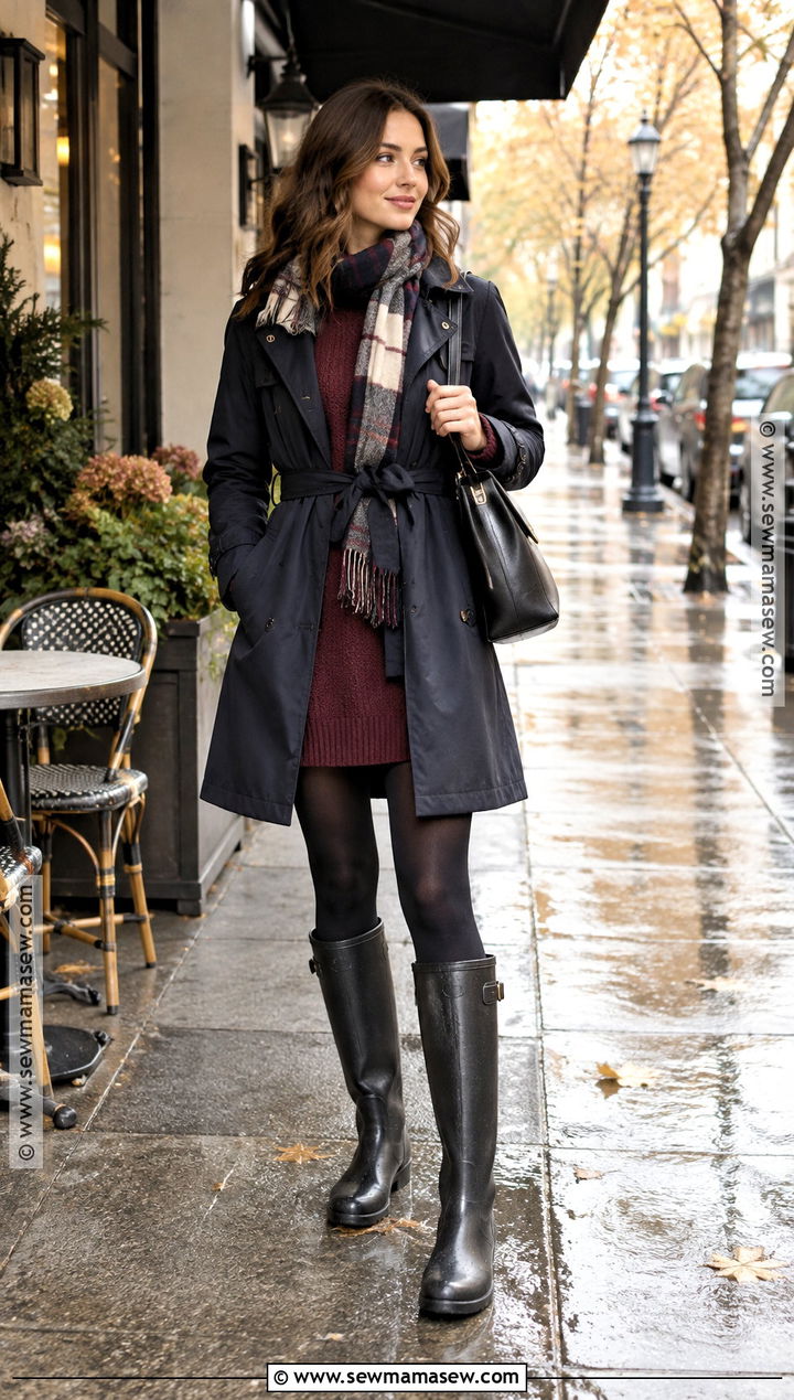 Sweater Dress With Raincoat And Tall Boots - 15 cozy fall outfits casual rainy day