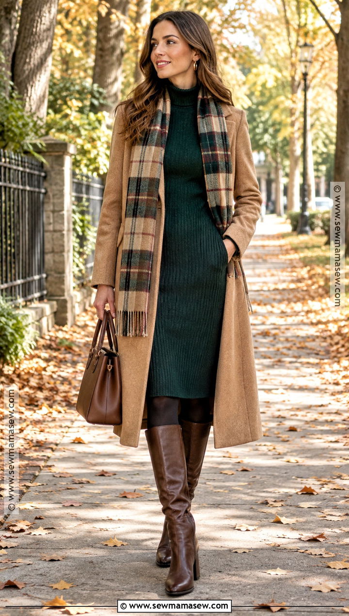Sweater Dress With Wool Coat And Scarf - 15 Fall Outfits Sweater Dress