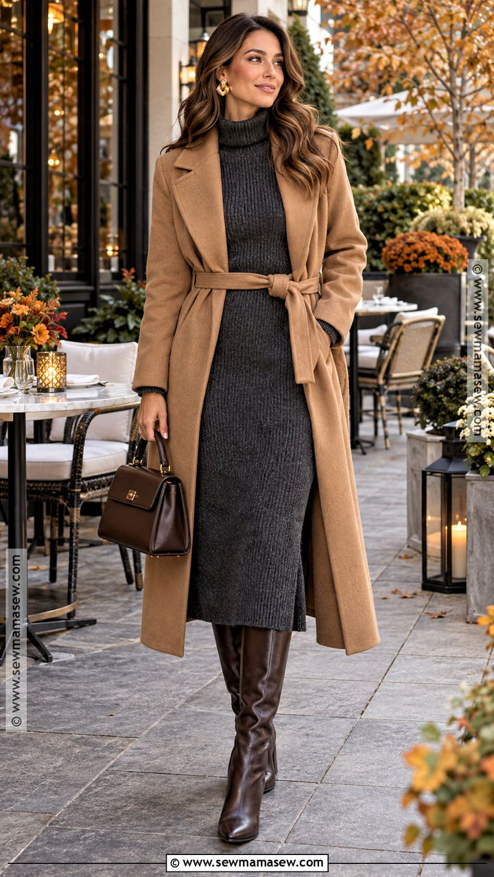 Sweater Dress and Belted Coat Fall Brunch Outfit - 20 brunch outfit ideas fall classy chic