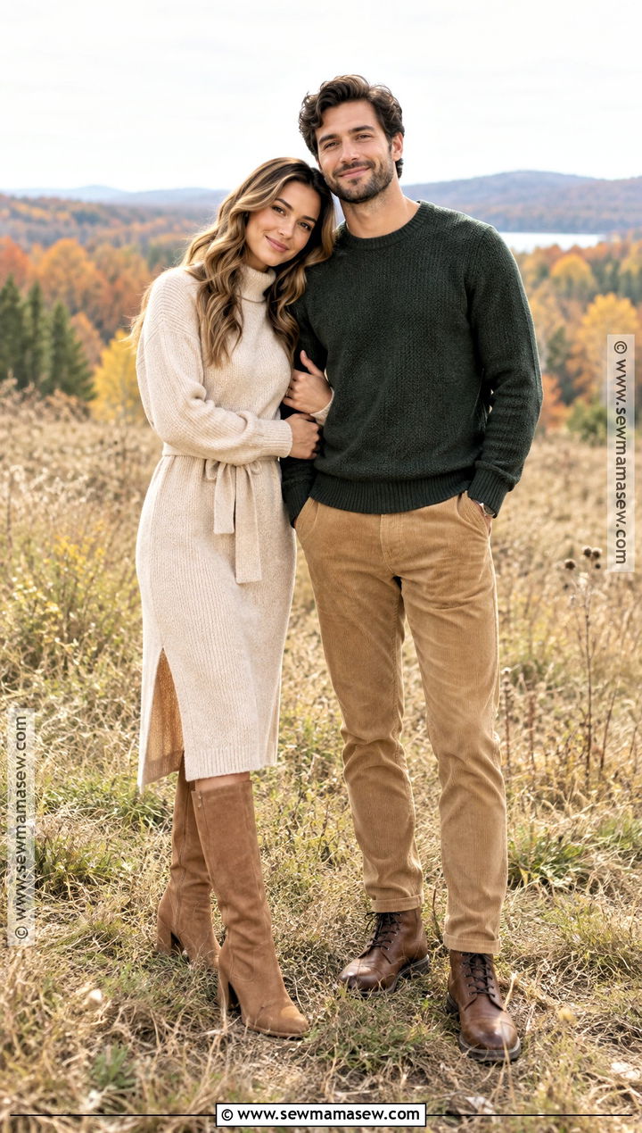 Sweater Dress and Corduroy Pants Fall Couple Outfit - 15 outfit ideas for couples photoshoot fall