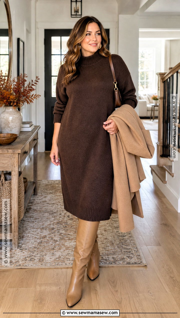 Sweater Dress and Knee High Boots Thanksgiving Outfit - 25 Chill Thanksgiving Outfits