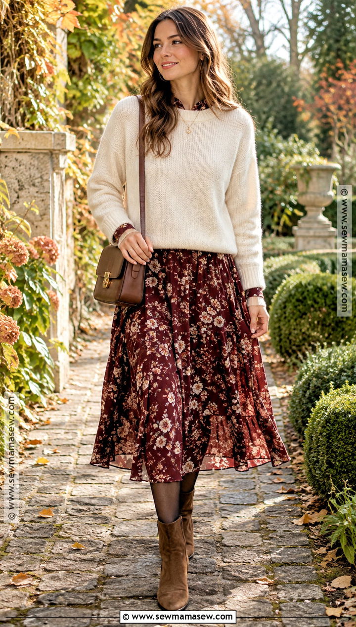 Sweater Fall Outfit Over A Floral Midi Dress - 20 Cozy Fall Fashion Ideas