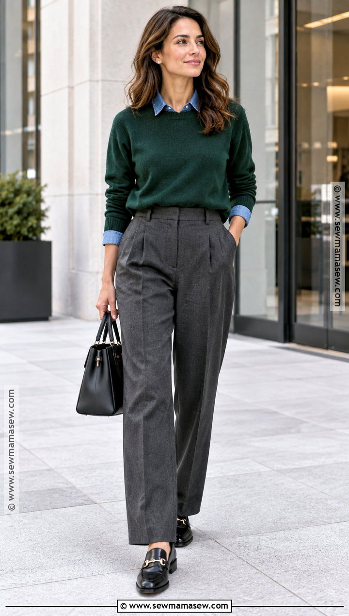 Sweater Over Denim Shirt With Pleated Pants - 20 Denim Shirt Outfit Women Fall Ideas