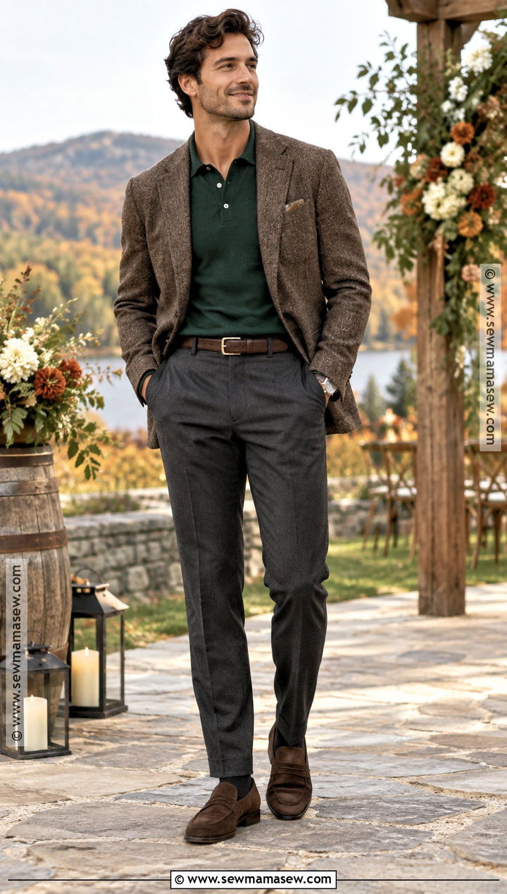 Sweater Polo And Dress Trousers Fall Wedding Outfit - 15 fall wedding outfit men guest ideas