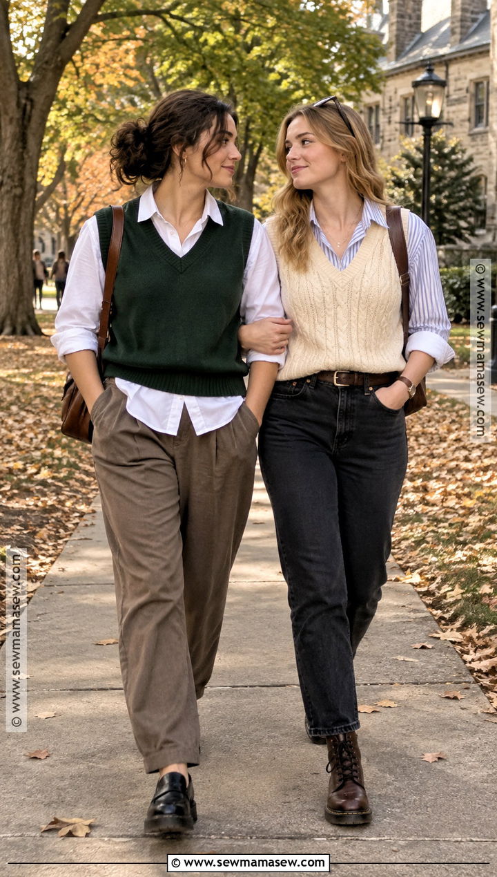 Sweater Vest And Button Down Couple Outfit - 15 Lesbian Couple Photoshoot Outfits Fall