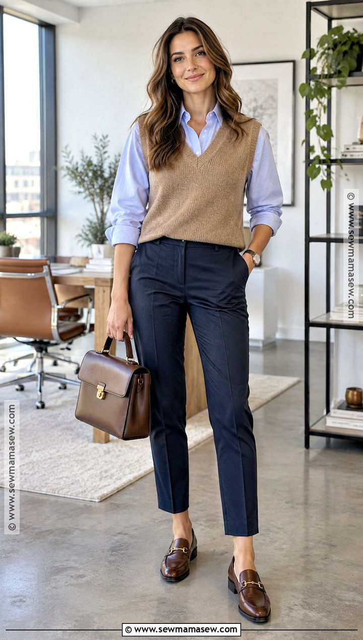 Sweater Vest And Button Down Fall Work Outfit - 15 Fall Fashion Ideas For Work