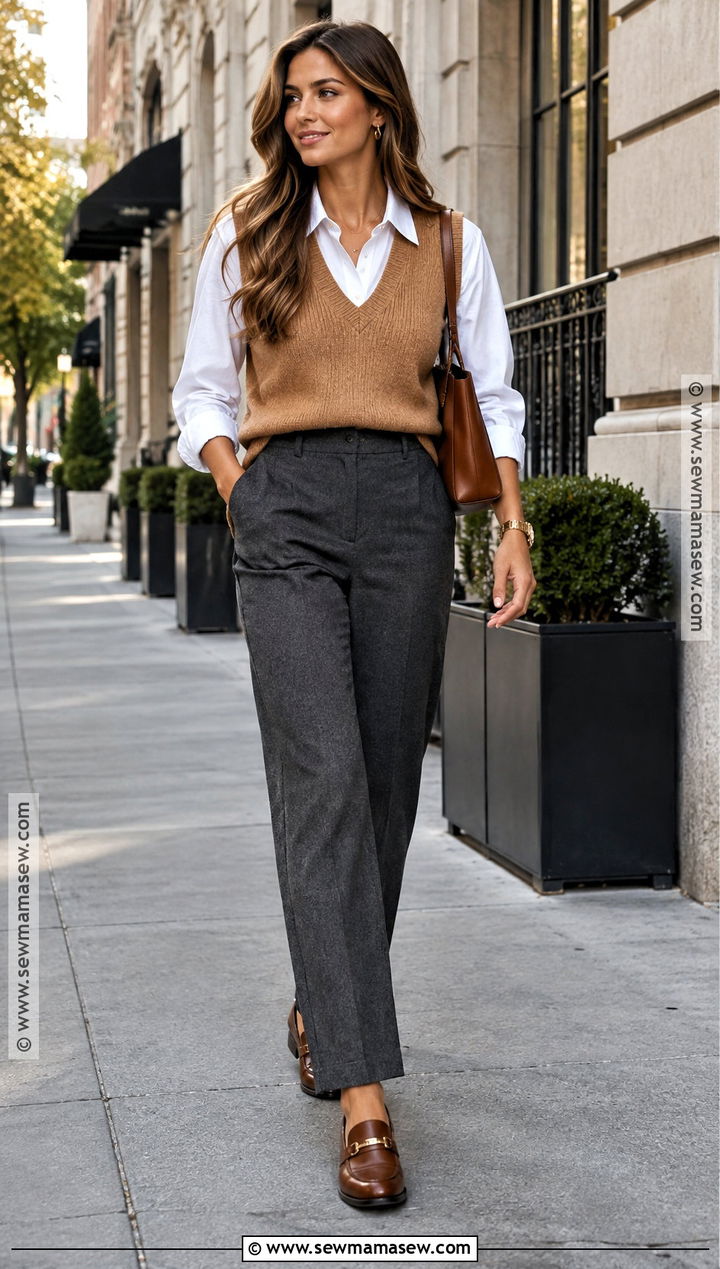 Sweater Vest And Button Down Office Outfit - 15 Fall Fashion 2026 Women Office Ideas