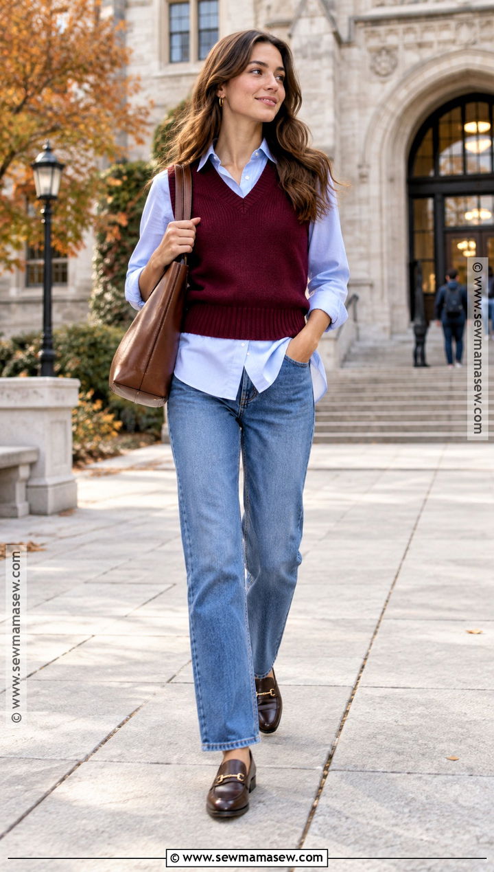 Sweater Vest And Button Down Shirt Autumn Outfit - 20 comfy autumn outfits casual