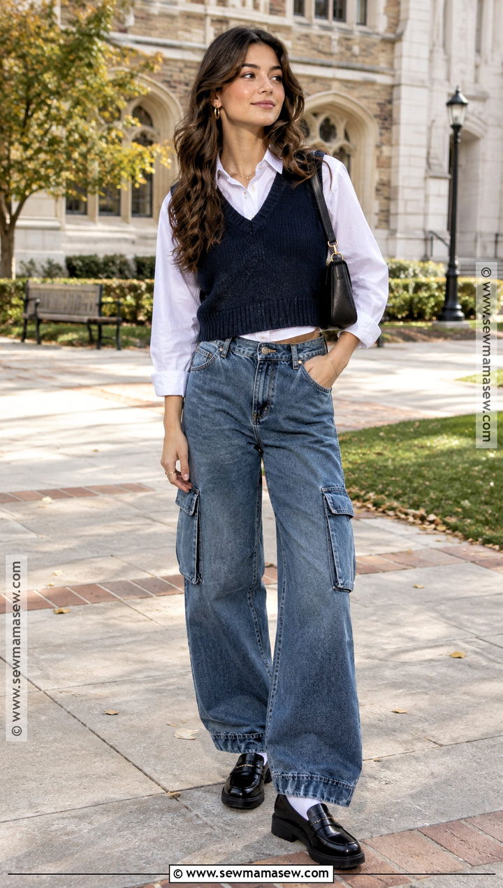 Sweater Vest And Cargo Jeans Fall Streetwear Outfit - 20 fall street wear ideas