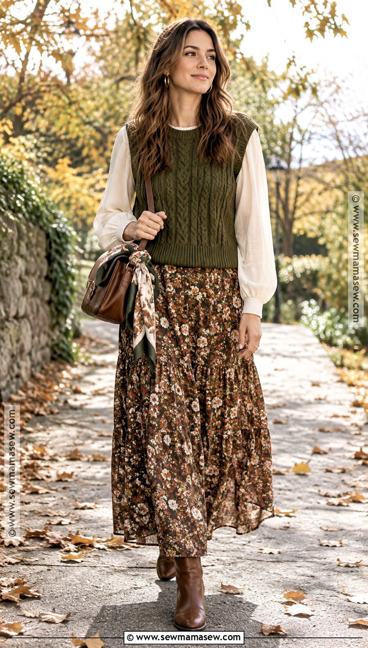 Sweater Vest And Floral Maxi Skirt Autumn Hippie Outfit - 20 autumn hippie outfits