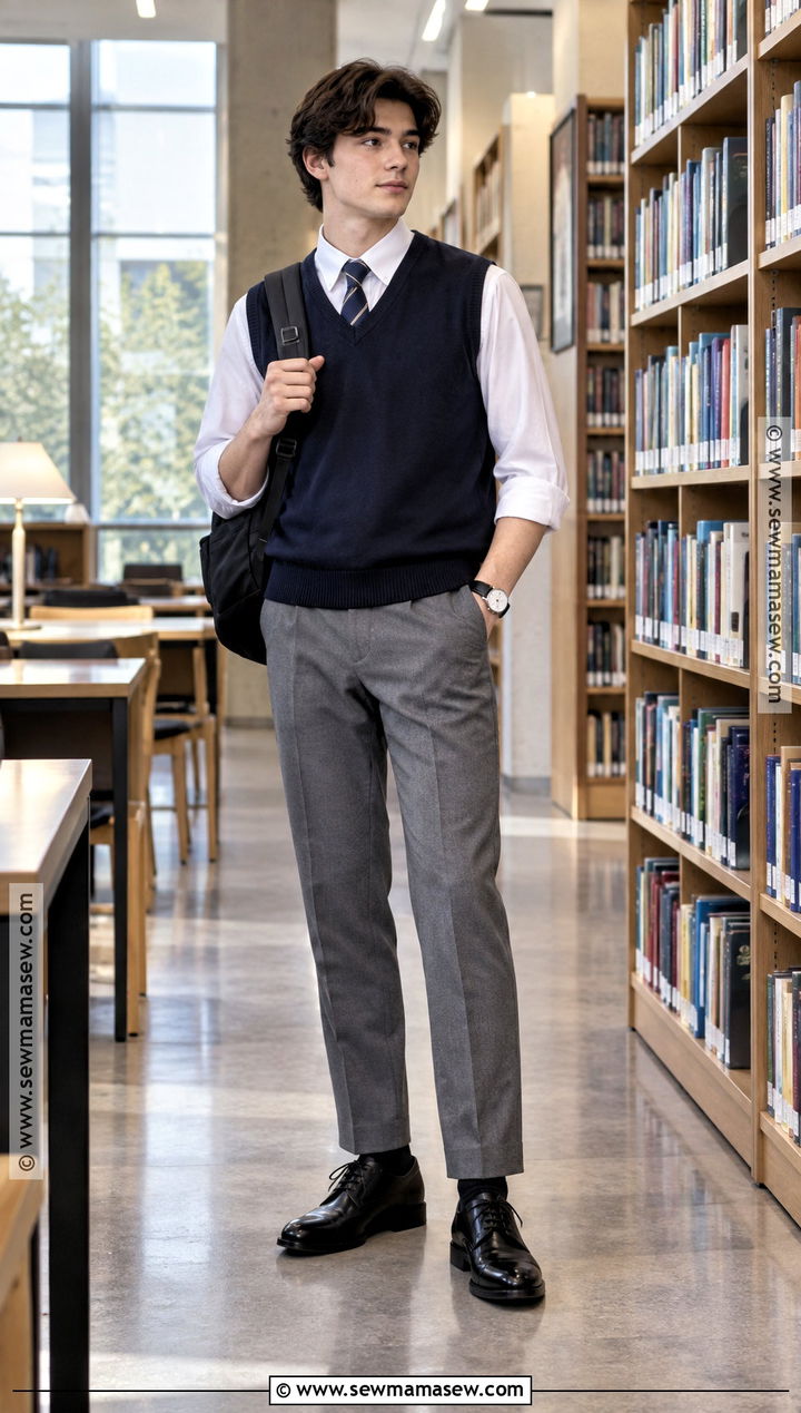 Sweater Vest And Gray Trousers Uniform Outfit - 20 uniform back to school outfits