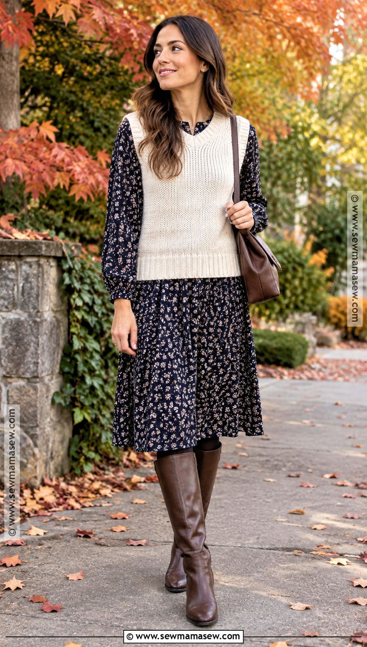 Sweater Vest And Long Sleeve Dress Fall Church Outfit - 20 modest fall outfits church