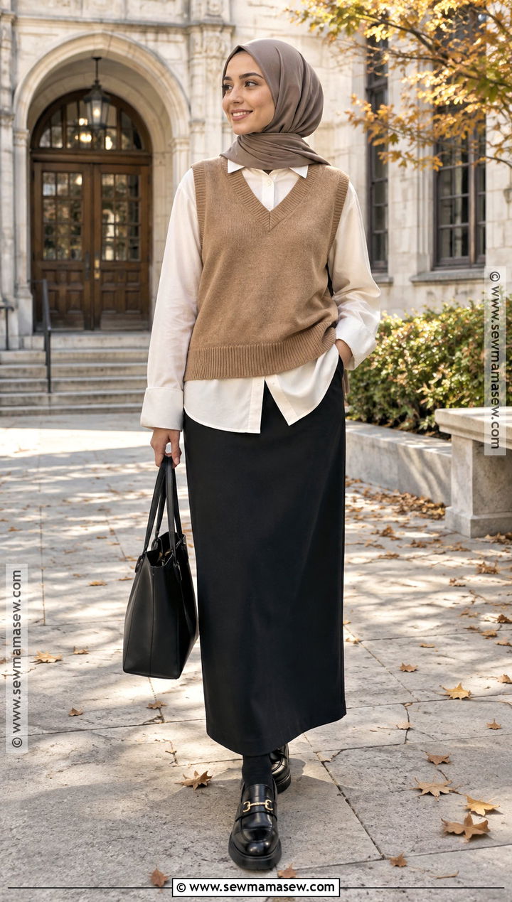 Sweater Vest And Maxi Skirt Hijabi Outfit - 20 Fall Hijabi Outfits Aesthetic