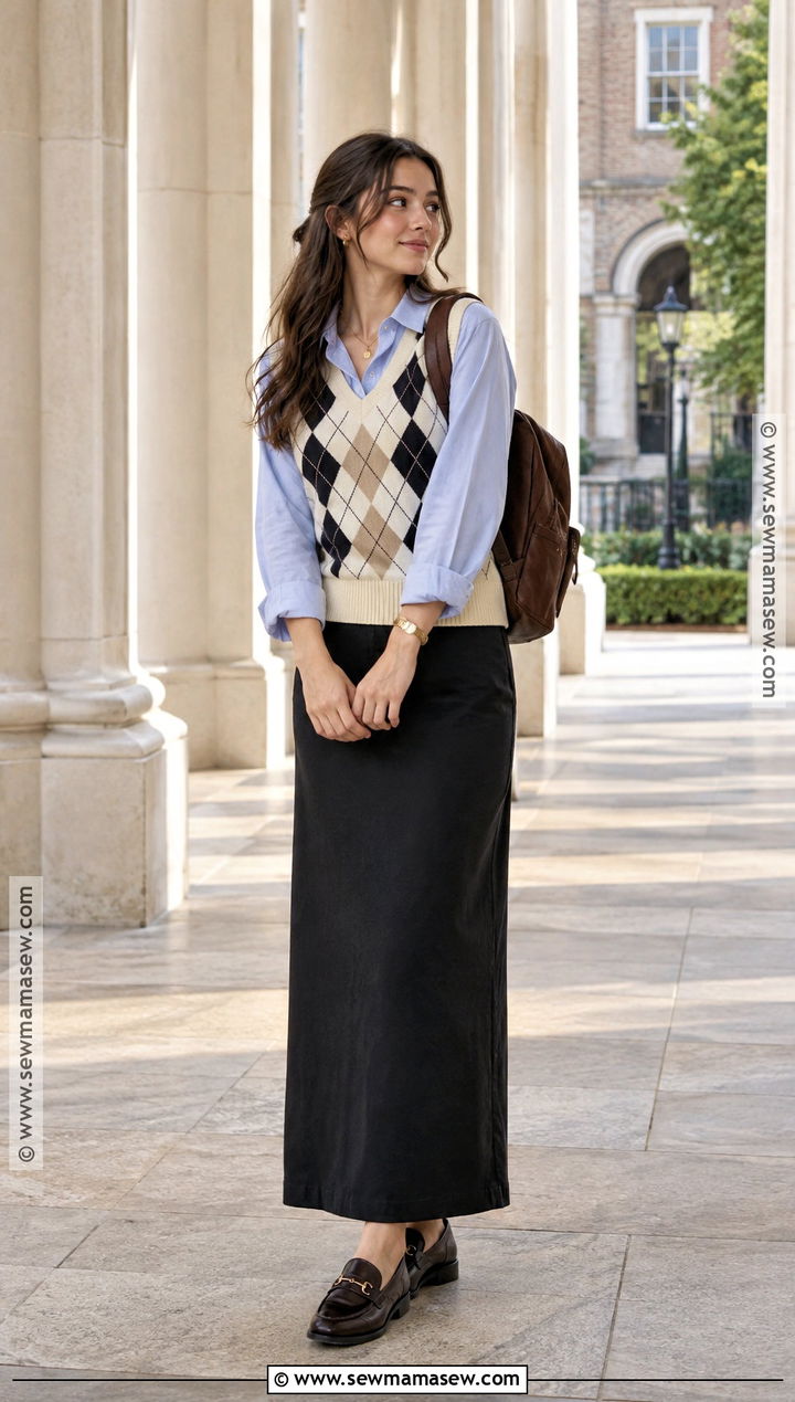 Sweater Vest And Maxi Skirt Outfit - 20 Back To School Outfits Modest