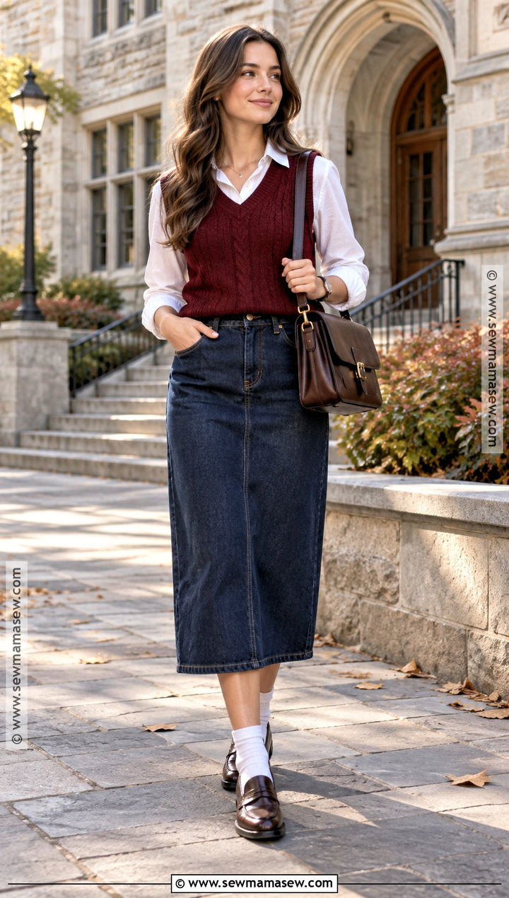 Sweater Vest And Midi Jean Skirt Outfit - 20 midi jean skirt outfits fall