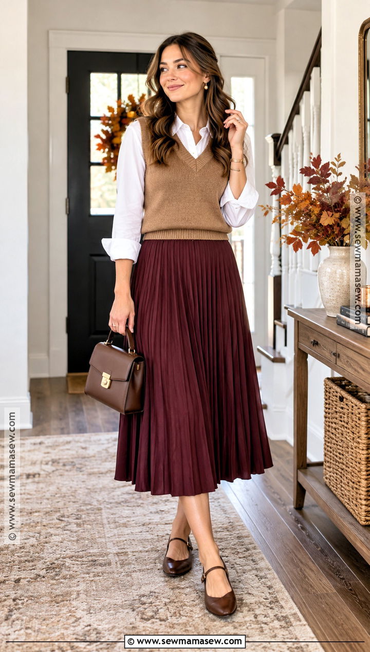 Sweater Vest And Midi Skirt Church Outfit - 15 Fall Outfits 2026 For Church