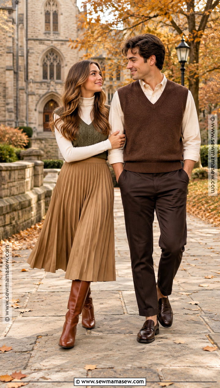 Sweater Vest And Midi Skirt Couples Fall Photoshoot Outfit - 25 couples fall photoshoot outfits