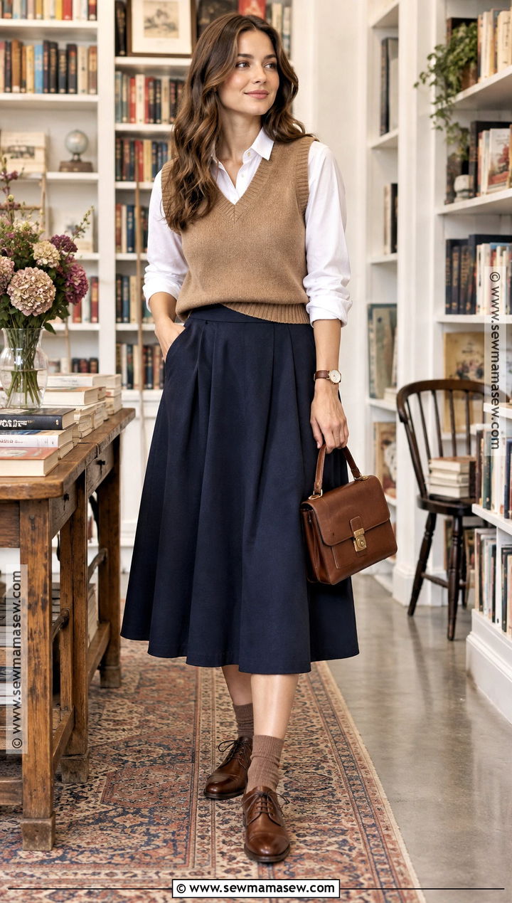 Sweater Vest And Midi Skirt Fall Outfit - 20 Fall Outfits For Women In Their 40S