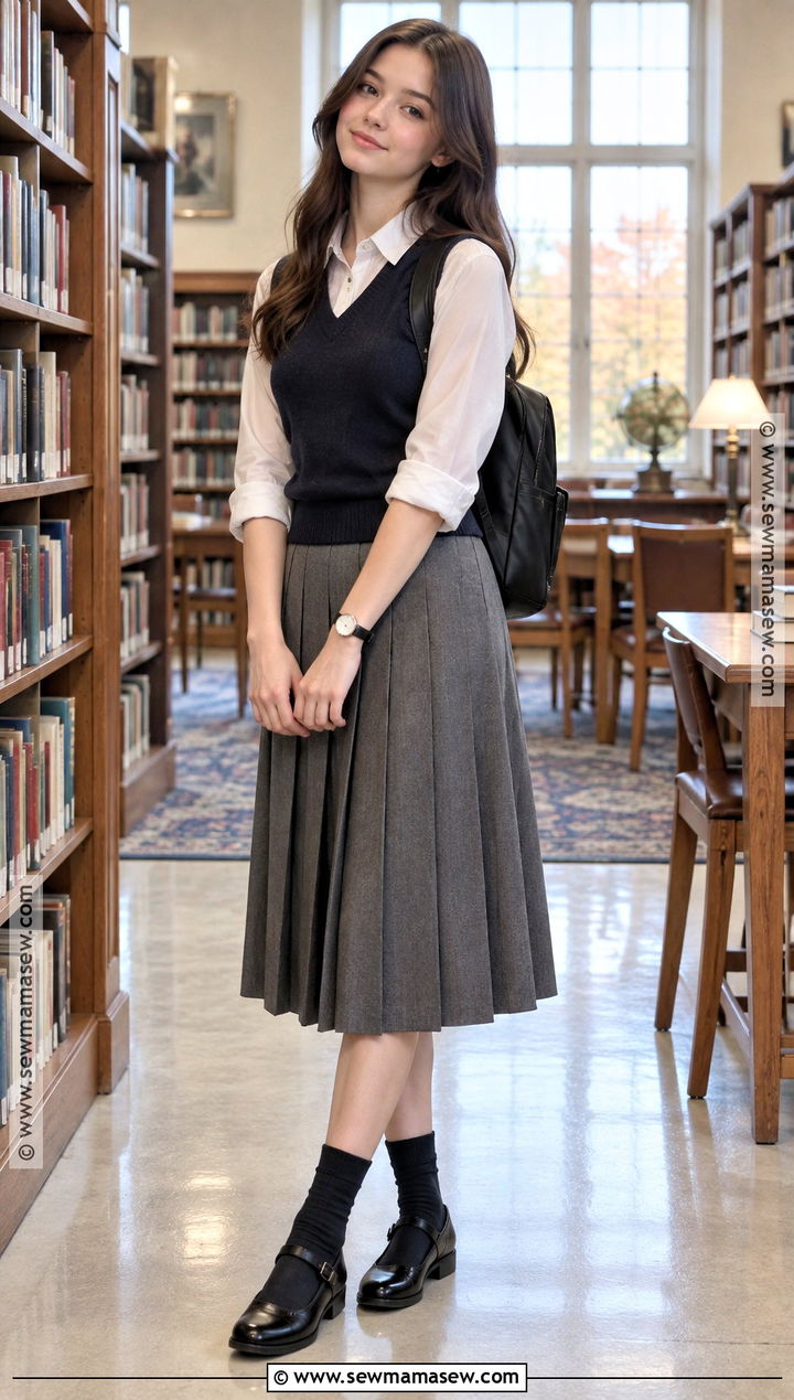Sweater Vest And Midi Skirt Uniform Outfit - 20 uniform back to school outfits
