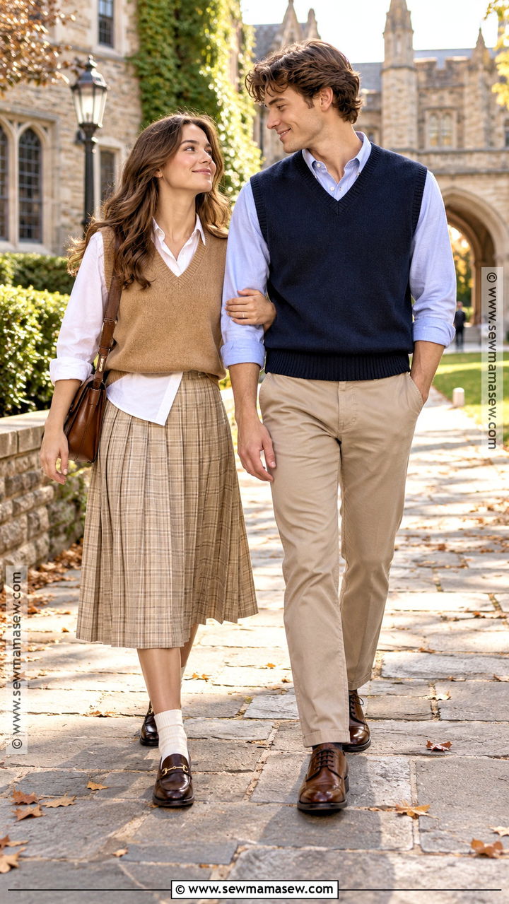 Sweater Vest And Oxford Shirt Couple Outfit - 20 Fall Outfit Ideas for Couples