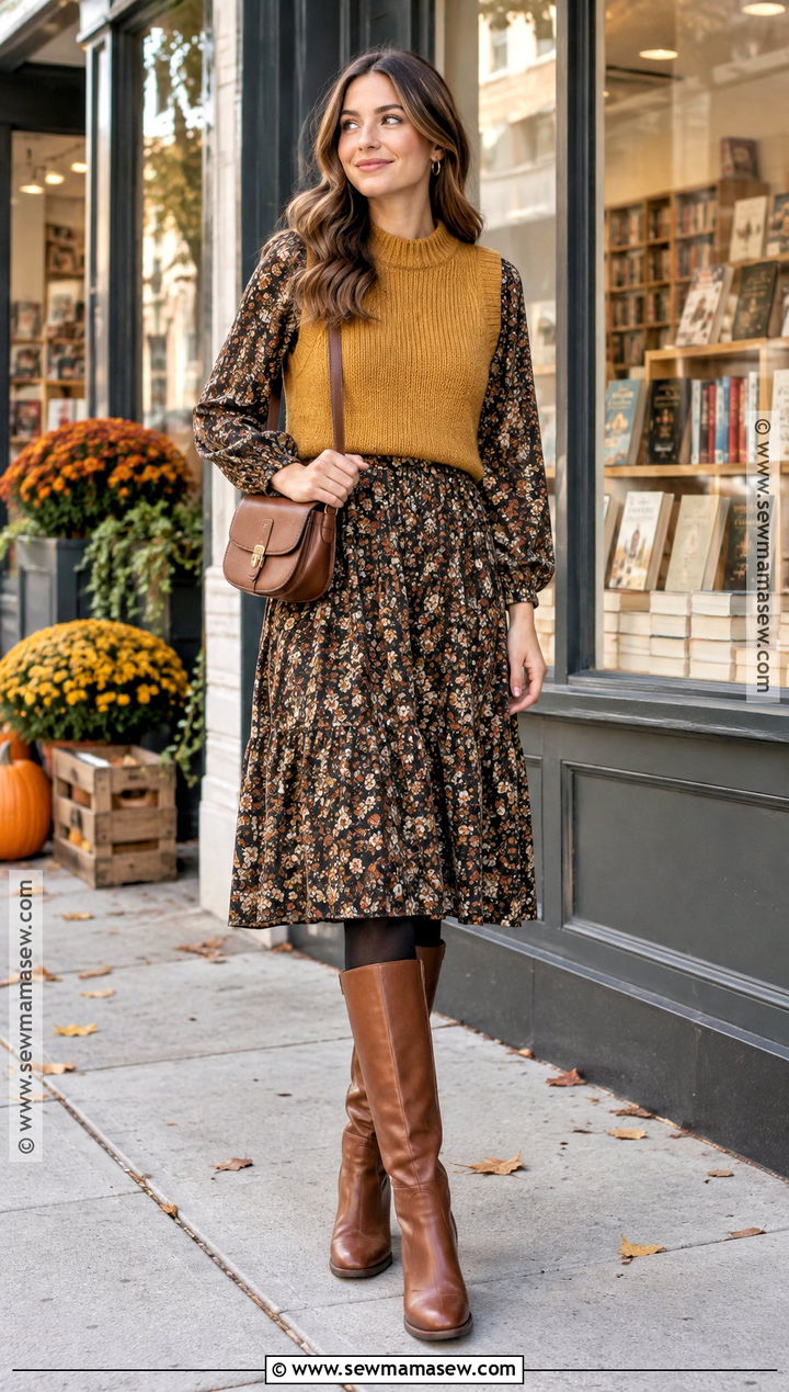 Sweater Vest And Patterned Dress Fall Outfit - 15 Fall Outfits Eclectic