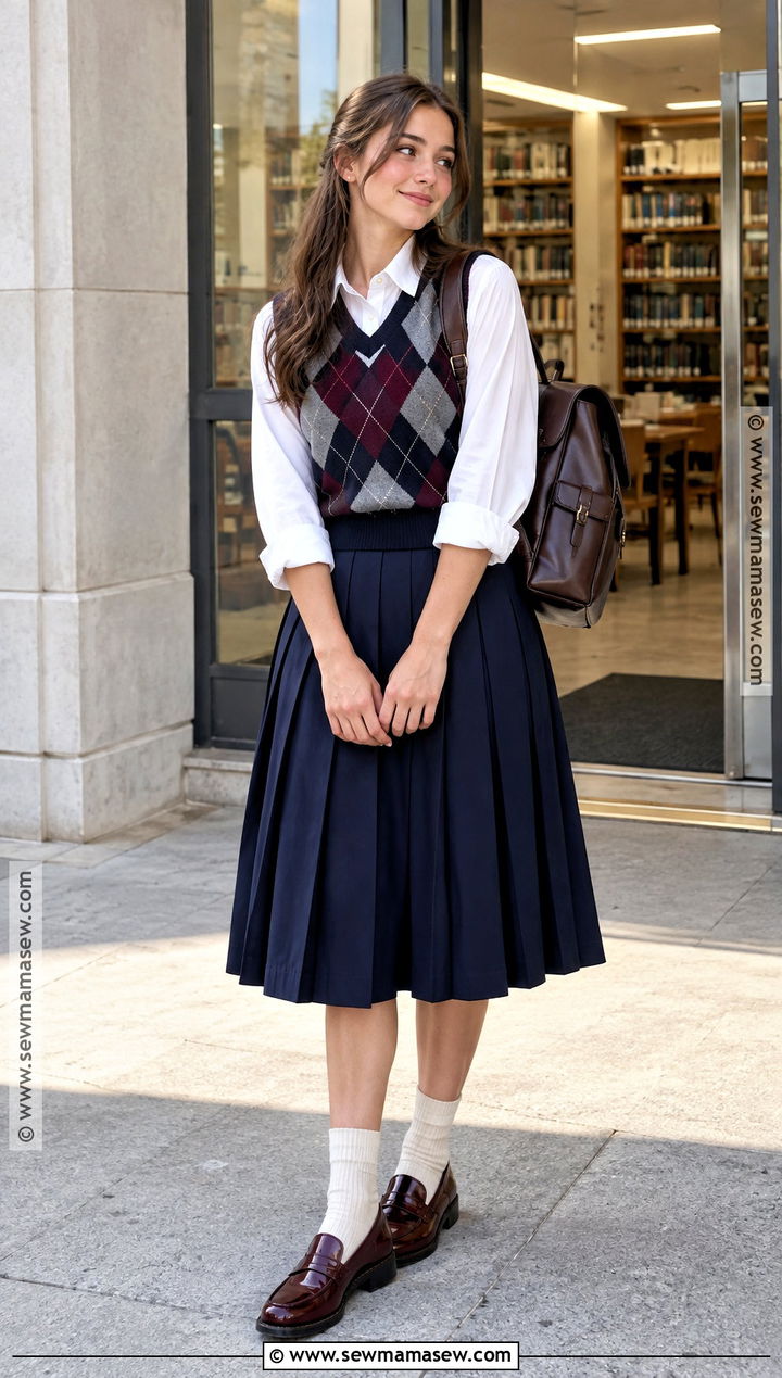 Sweater Vest And Pleated Midi Skirt School Outfit - 15 Back-To-School Fashion Inspiration Ideas